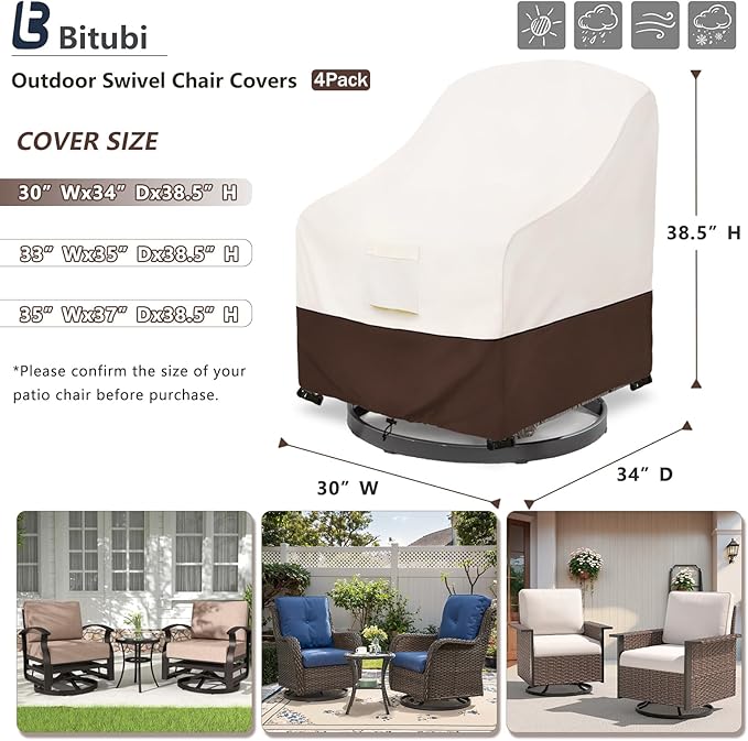 Bitubi Waterproof 4 Pack Outdoor Swivel Chair Cover for Patio Chair Size Up to 30W x 34D x 38.5H inch,Outdoor Lawn Patio Furniture Covers (Brown)
