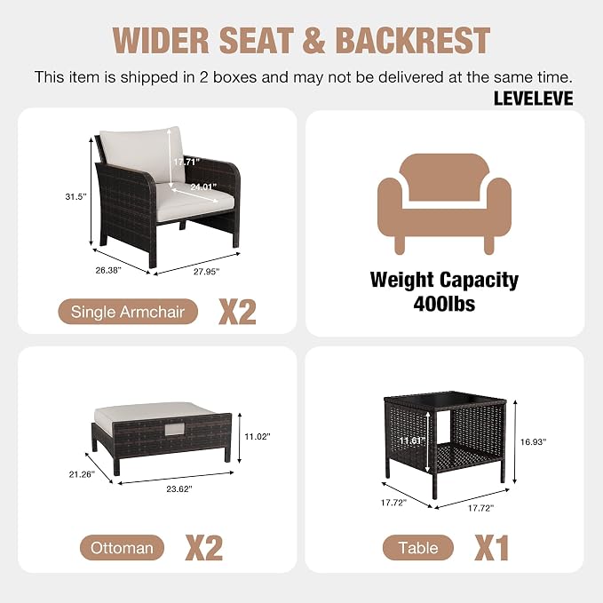 LEVELEVE Patio Conversation Set 5 Piece, Balcony Furniture Outdoor PE Rattan Wicker Lounge Chairs with Soft Cushions, 2 Ottomans & Glass Table for Porch Lawn, Brown with Beige Cushions