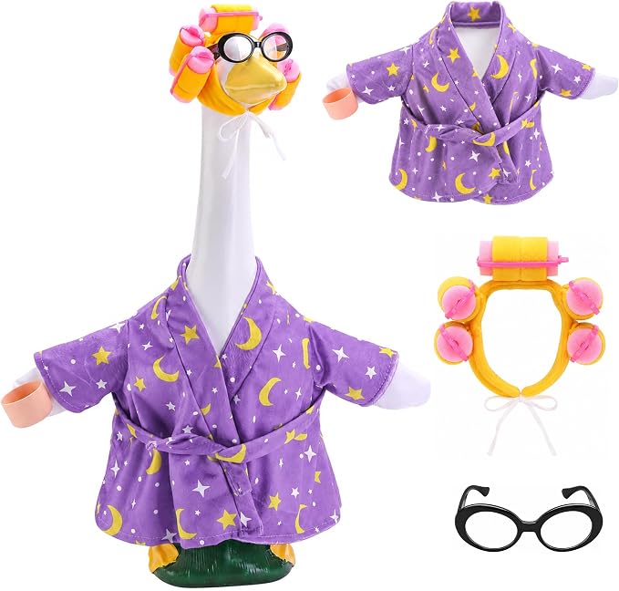 DECOHS 4 Pcs Bathrobe Porch Goose Outfit, Lawn Goose Statue Costume with Star and Moon Print, Yard Goose Bathrobe Curlers Glasses Cup Outfit for 23" Statue Patio Garden Decoration (Purple)