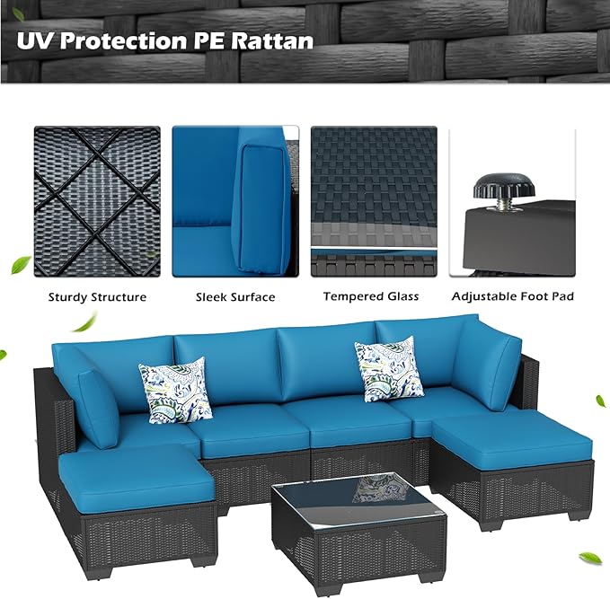 U-MAX 7 Piece Outdoor Patio Furniture Set, PE Rattan Outdoor Wicker Sectional Furniture Chair Set with Cushions and Tea Table, Black Rattan and Peacock Blue Cushion