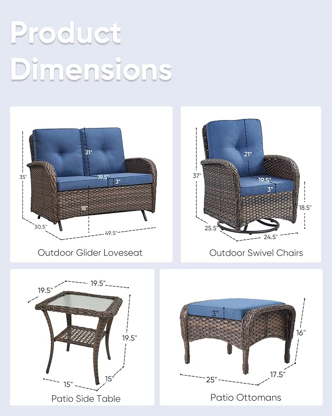 6 Pieces Patio Wicker Furniture Set-Outdoor Swivel Chairs Set of 2 Outdoor Glider Love seat with Outdoor Footstool Patio Furniture for Deck Porch Garden Balcony Poolside-Brown/Blue