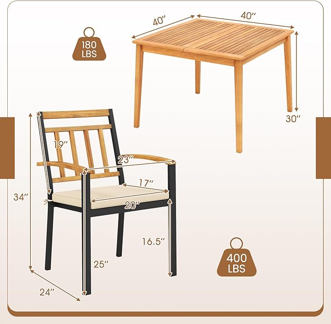 Tangkula 5 Piece Patio Wood Dining Set, Outdoor Square Acacia Table with Umbrella Hole and Metal Chairs Set w/Soft Seat Cushions, for Front Porch, Yard, Balcony and Poolside