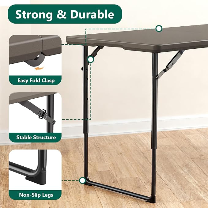 4ft Folding Table, Foldable Picnic Table Portable Table for Indoor Outdoor Use Heavy Duty Plastic Table Camping Table for Party, BBQ, Khaki