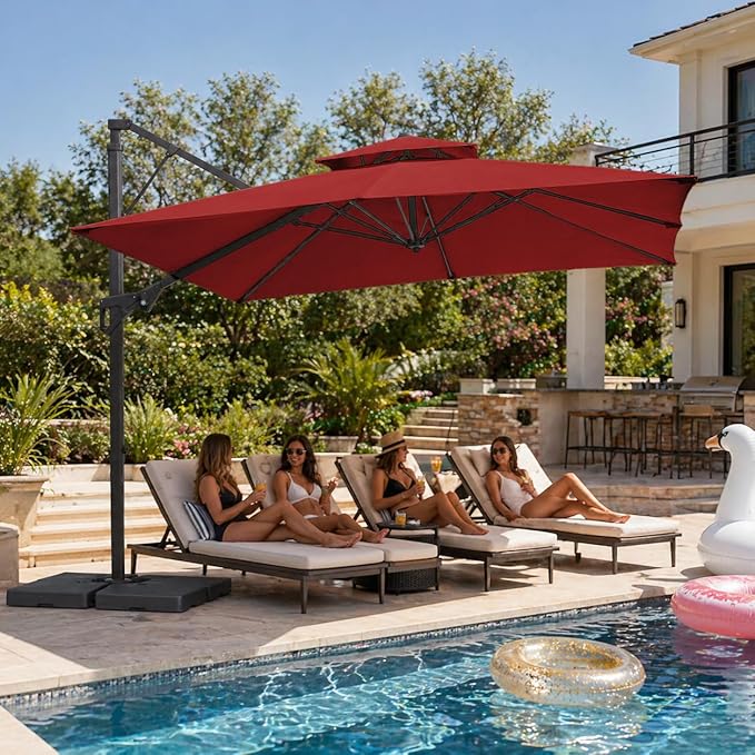 JEAREY 10ft 2-Tier Cantilever Patio Umbrella, Large Square Outdoor Offset Umbrella with Double Top Vent and 360-degree Rotation for Garden, Deck, Pool, Patio, Red