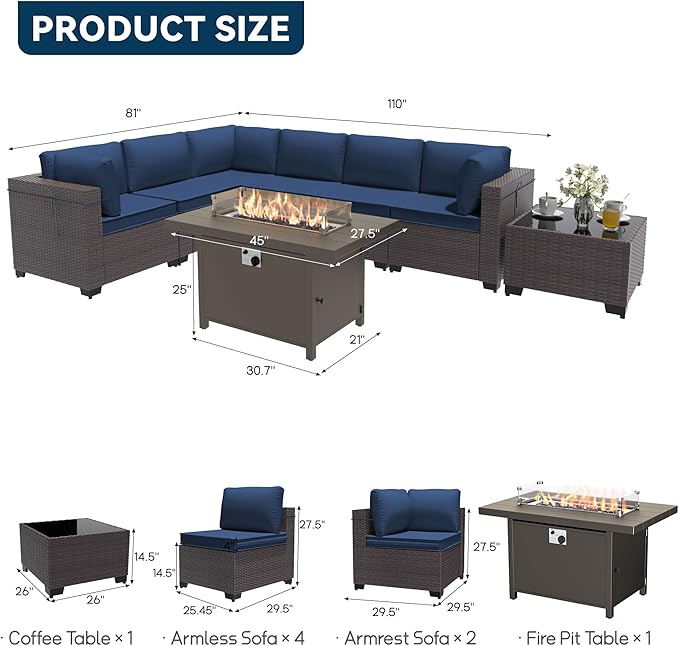 Patio Furniture Set with Aluminum Fire Pit Table 8 Pieces Outdoor Sectional Sofa Set,PE Rattan Wicker Patio Conversation Set w/43in 55000 BTU Propane Fire Pit Table,NavyBlue
