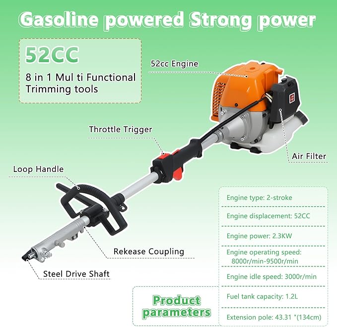 2026 New 8 in 1 Hedge Trimmer Grass Trimmer Gas Powered, 52CC 2-Stroke Multi Functional Weed Eater/Brush Cutter/Chainsaw, Maximum Power/Speed-2.3KW/8500rpm Weed Wacker for Yard Garden Orange