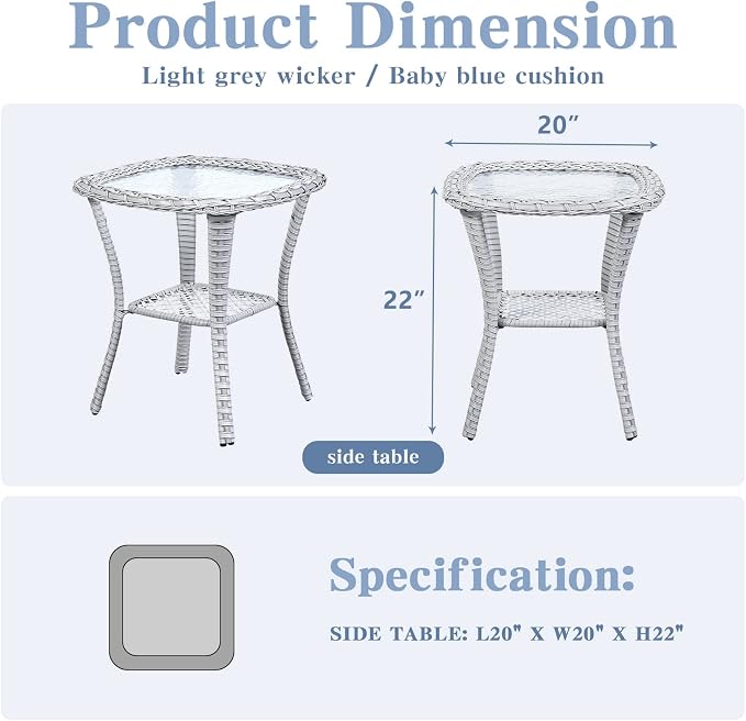Belord Small Outdoor Side Table Tempered Glass Wicker Table - Waterproof Patio Coffee Table Rattan End Table with Storage, Light Gray 20x20x22 inch
