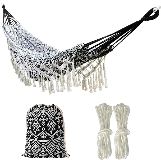 Black with Wirte Bohemian Striped Fringe Double Hammock - Soft Cotton Fabric Outdoor Indoor Hanging Bed with Durable Ropes, Space-Saving Design for Garden, Patio, Backyard, Porch, Beach Camping
