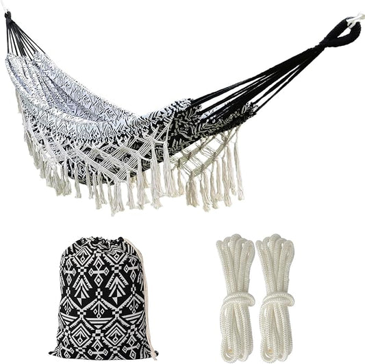 Black with Wirte Bohemian Striped Fringe Double Hammock - Soft Cotton Fabric Outdoor Indoor Hanging Bed with Durable Ropes, Space-Saving Design for Garden, Patio, Backyard, Porch, Beach Camping
