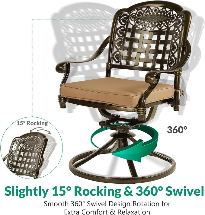 VIVIJASON 9-Piece Patio Furniture Dining Set, All-Weather Cast Aluminum Outdoor Conversation Set, Include 6 Stationary Chairs, 2 Swivel Dining Chairs and an Oval Table with Umbrella Hole