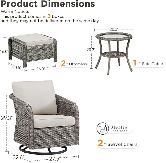 Belord 5 Pieces Patio Furniture Set - High Back Outdoor Swivel Rocker Chairs with Thick Cushions 2 Ottoman and Side Table, Wicker Patio Conversation Sets for Porch Deck Garden Backyard Grey/Beige