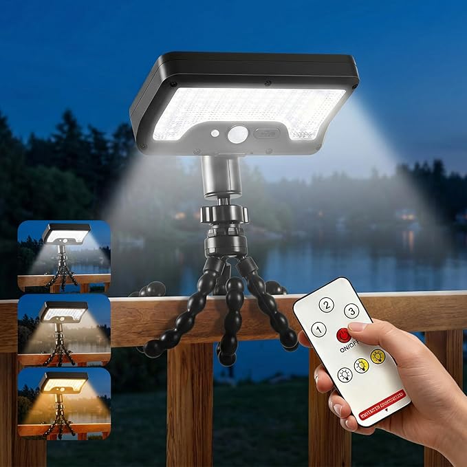 Motion Sensor Solar Lights Outdoor with Octopus Tripod, 360° Rotatable 600LM 92 LED Fence Light with Remote Control, 3 Color Modes, IP65 Waterproof Security Light for Deck Fence Camping (1 Pack)