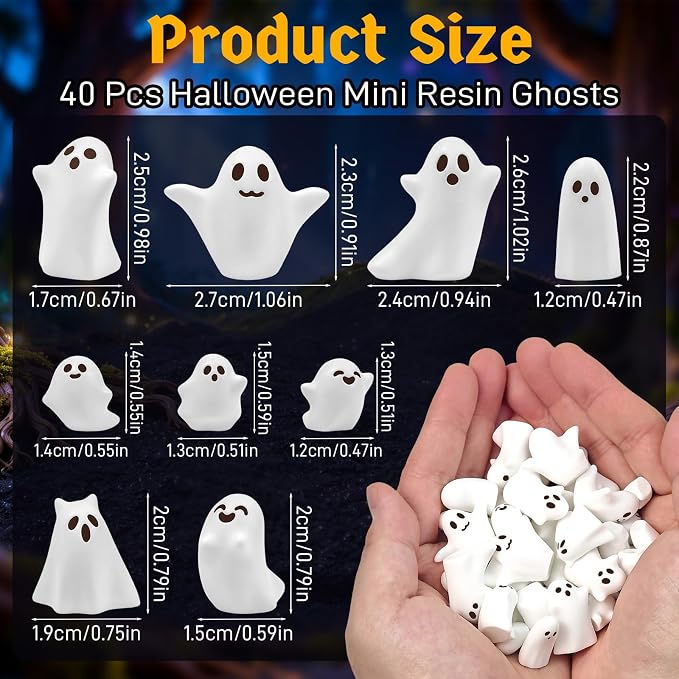 40 Pcs Halloween Mini Resin Ghosts Tiny Little White Ghost Figures | Halloween Miniature Figurines, Party Tabletop Garden Micro Landscape Decoration