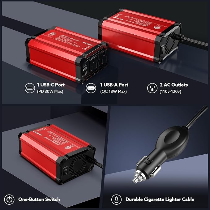 400W Car Power Inverter PD 30W Fast Charging,Vansoet DC 12V to AC 110V Car Inverter Aluminum Housing,USB C PD30W and USB-A QC 18W Port - Dual AC Plug Adapter Outlet for Vehicles,Laptop,Phones,Camera