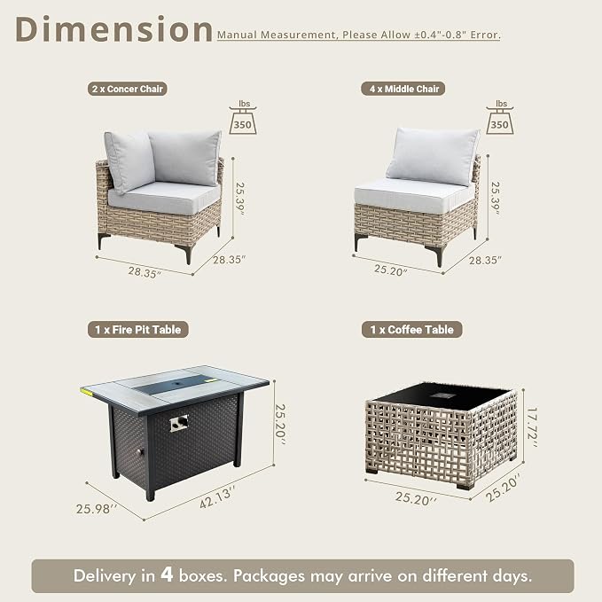 8 Pieces Patio Sectional Furniture Set, Outdoor Wicker Sectional Couch with Firepit Solar Lights Table, Modern Conversation Set for Porch Balcony Backyard, Gray