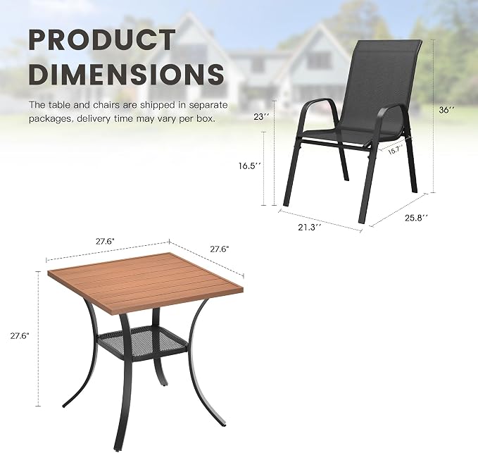 3 Pieces Outdoor Dining Set, 27.5" Square Table & Stackable Patio Dining Chairs, Patio Table and Chairs Set for Deck Garden Porch, Black Chairs & Walnut Table