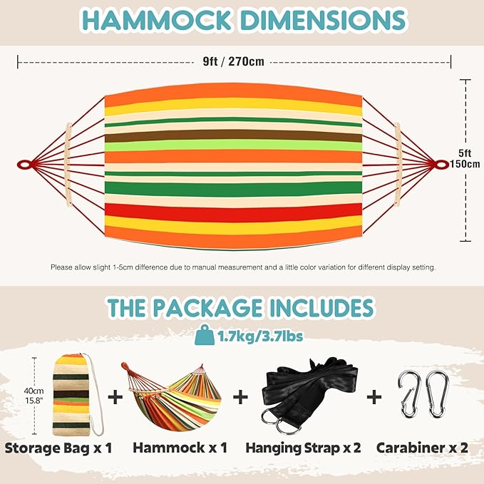 Anyoo Garden Cotton Hammock Comfortable Fabric Hammock with Spreader Bar Sturdy Hammocks Up to 450lbs Portable Lightweight Hammocks with Travel Bag for Camping Outdoor/Indoor Patio Backyard