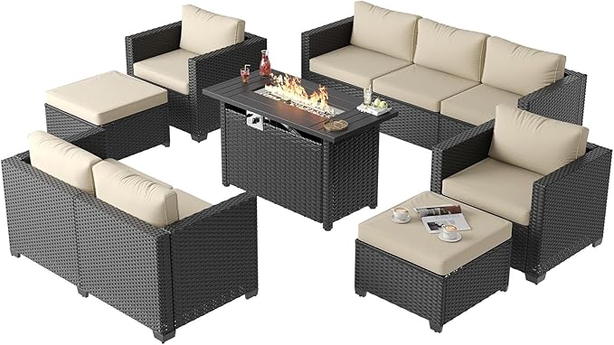 Aoxun 7 Piece Patio Furniture Set with Fire Pit Table, 9 Seats Outdoor Furniture Set with Wicker Ottomans, Rattan Outdoor Sectional Sofa with Thickened Cushion & Waterproof Cover Beige