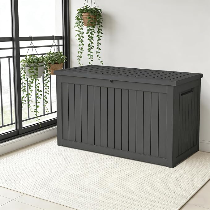 230 Gallon Outdoor Deck Boxes, IP68 Waterproof Outdoor Storage Box with Hydraulic Lid Support, Outside Resin Container for Furniture, Toy, Shoe, Garden & Patio Tools Storage -Black