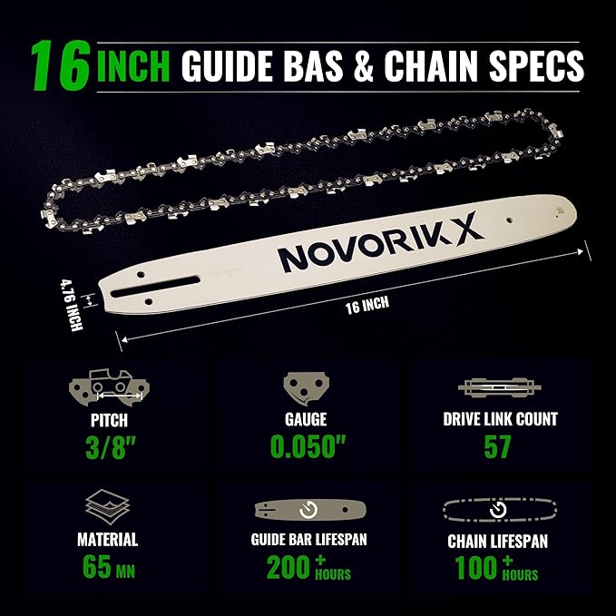 16" Chain and 16” Guide Bar Pitch: 3/8” Low Profile 57Drive Links Replacement Chain For Electric Chainsaw Chainsaws .050" Gauge