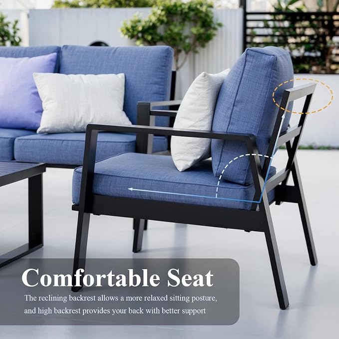 Aluminum Outdoor Patio Furniture Set, 4 Piece Sectional Coversation Sets with Coffee Table, Modern Outdoor Sofa Couch with Thick Cushions for Porch, Balcony, Garden, Blue
