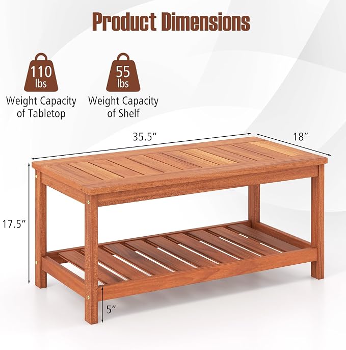 HAPPYGRILL Patio Coffee Table, Double-Tier Side Table with Solid Wood Structure, Slatted Tabletop & Shelf, Outdoor 2-Layer Rectangle Coffee Table for Backyard Porch Balcony