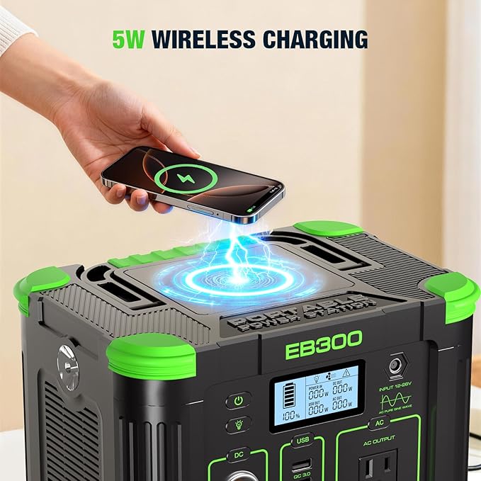 EBL Portable Power Station 288.6Wh 330W Solar Generator Pure Sine Wave AC Output (600W Peak) with 5W Wireless Charger, SOS LED Light & Multi-Port Design for Camping Home Emergency RV CPAP
