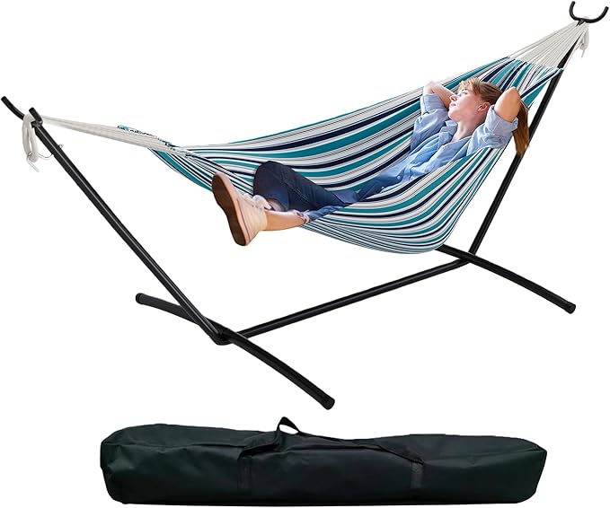 Double Hammock with Stand - Heavy Duty 450lbs Capacity, Portable Cotton Hammock for Two Adults, Indoor & Outdoor Use with Travel Bag, Ocean Stripe Pattern
