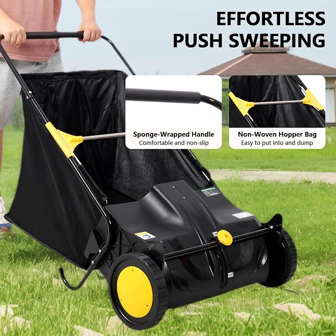 21" Hand-Push Lawn Sweeper | 4 Heavy-Duty Brushes & Wheels, Adjustable Height, 3.5 FT Large Hopper | for Efficient Leaf and Grass Collection in Lawns, Yards, Gardens