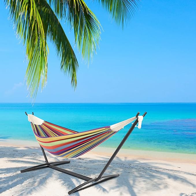 Cotton Hammock with Space Saving Steel Stand,9ft Black Steel Pipe Hammock Frame with 200 * 150cm Polyester Cotton Hammock Iron Hammock Set (Color Stripe)