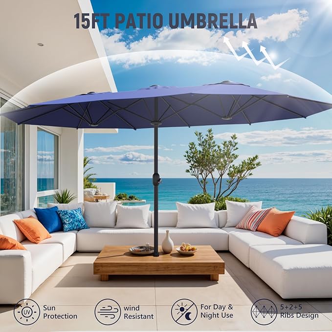 Sannwsg 15ft Large Patio Umbrella, Double Sided Outdoor Umbrellas, Market Umbrellas with Crank Handle, Backyard Umbrela for Deck, Garden, Pool