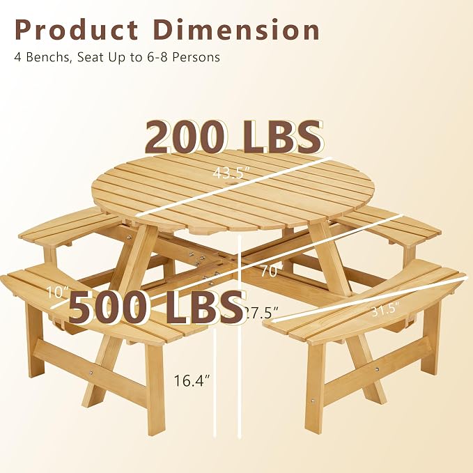 8 Person Outdoor Dining Table, Round Picnic Table with 4 Built-in Benches and Umbrella Hole, Outside Garden Backyard Table and Bench Set, 500lbs Capacity Per Bench (Natural)