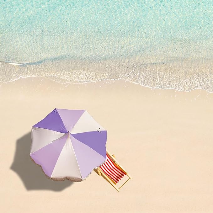 6.5ft Pagoda Beach Umbrella with Fringe, UPF 50+ Boho Umbrellas with Carry Bag, Premium Wood Pole Foldable Tassel Umbrella for Outdoor Garden Lawn Pool Yard Table