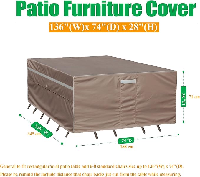Heavy Duty Waterproof Patio Furniture Covers UV Resistant Rectangular Outdoor Table and Chair Covers 136"Wx 74"D x 28"H Brown