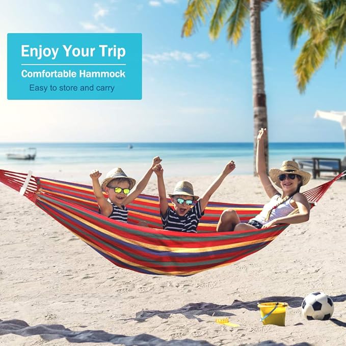 Outerman 275 x 155 cm Camping Hammock, Hammocks Thickened Canvas Fabric with 550lb Load Capacity, Two Anti Roll Balance Beam and Sturdy Metal Knot Tree Straps for Travel, Beach, Backyard etc.