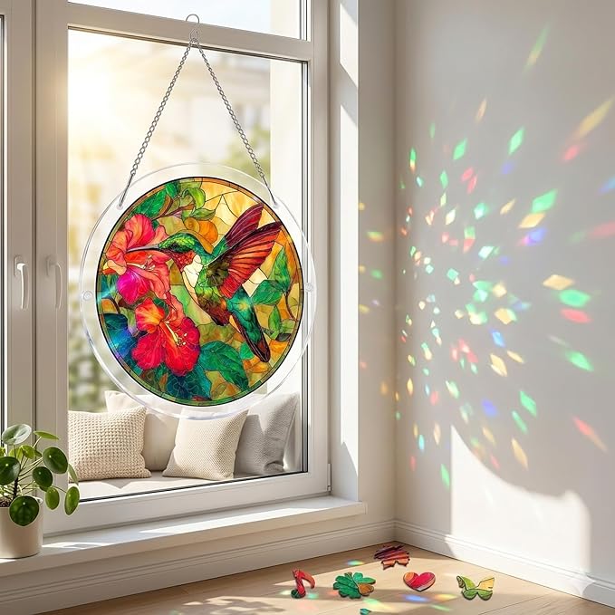 Acrylic Jigsaw Puzzle Suncatcher-Violet Garden Grace, Stained Glass Window Hanging, Home Decor Creative Mom Gifts, Birthday Gifts for Women,Wife, Sisters, Aunt, Besties 7.4in (Hummingbird)