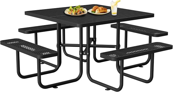 46'' Square Metal Picnic Table with 1.73" Umbrella Hole, Heavy-Duty Commercial Grade Steel Table Set, Rust Resistant Mesh Tabletop, Smooth Round Corner Design for Patio, Garden, Park & BBQ, Black