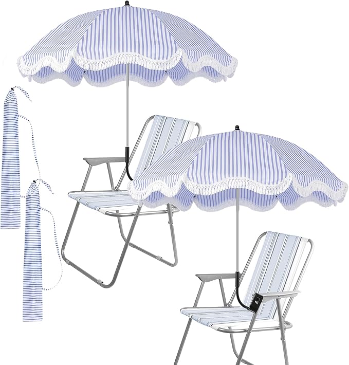 Abbylike 2 Pcs Scalloped Chair Umbrella with Universal Adjustable Clamp 38'' Portable Wheelchair Umbrella UPF 50+ Camping Chair Parasol with Bag for Outdoor Patio Lawn