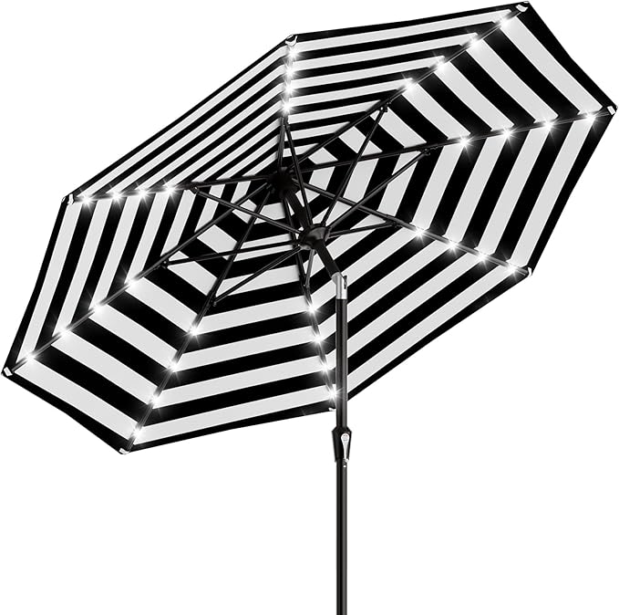 AreShark 9FT Patio Umbrella with Solar Lights, 32 Lighted Solar Table Market Umbrella w/Tilt and Crank Outdoor Umbrella for Garden, Deck, Backyard, Pool and Beach, Black and White Stripe