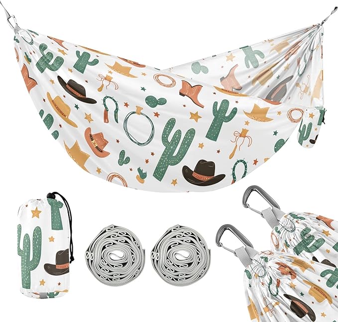 Camping Hammock Outdoor Hammocks for Outside Cowbay Hat Cactus Beach Trees Portable Lightweight with Pockets Tree Straps Indoor Small