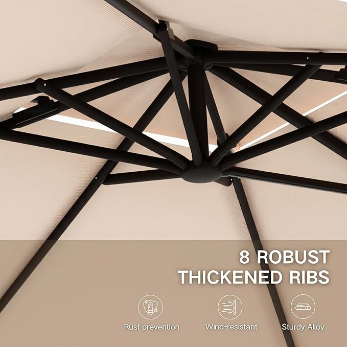 Kingdura Cantilever Patio Umbrella with Double Top Vent, Large Square Aluminum Outdoor Offset Umbrella with 360-degree Rotation, Infinite Tilt, UV Protection for Pool Deck Garden Patio