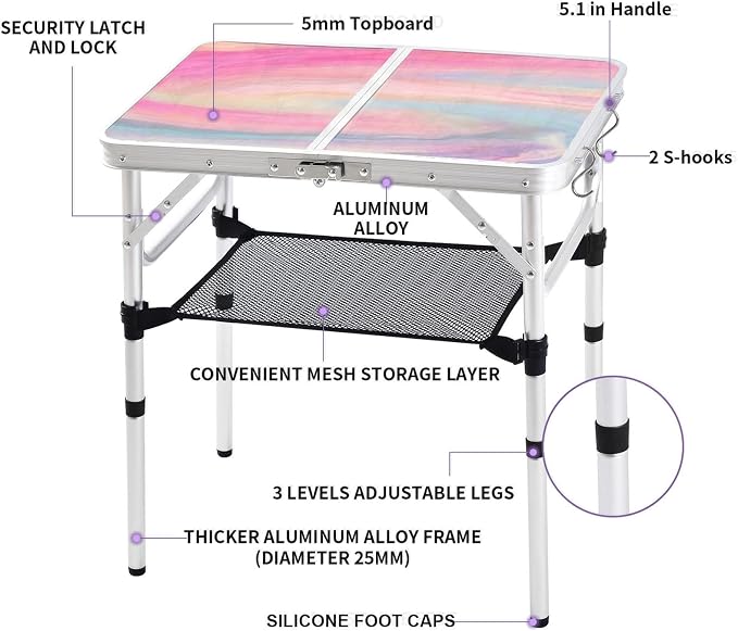 Yriuat Folding Camping Table 2ft Portable Picnic Table Adjustable Height Small Card Table Aluminum Foldable Lightweight with Carry Handle for Outdoor Indoor Hiking Camp BBQ Beach (Blush Haze)
