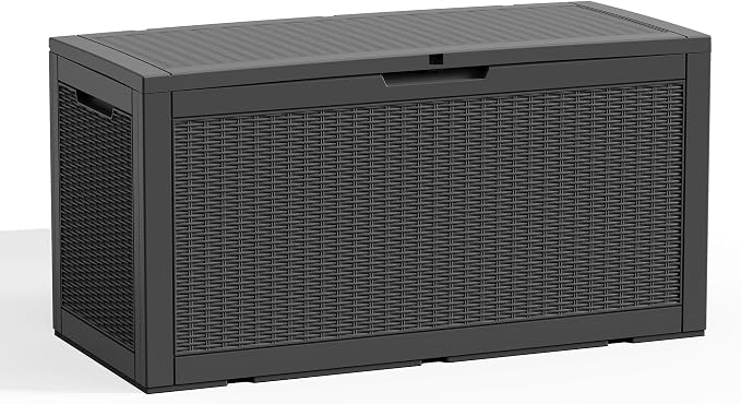 ROJIK 120 Gallon Waterproof Outdoor Deck Storage Box, Lockable Resin Patio Storage Bin with Lid for Garden Tools, Patio Cushions & Outdoor Accessories(Black)