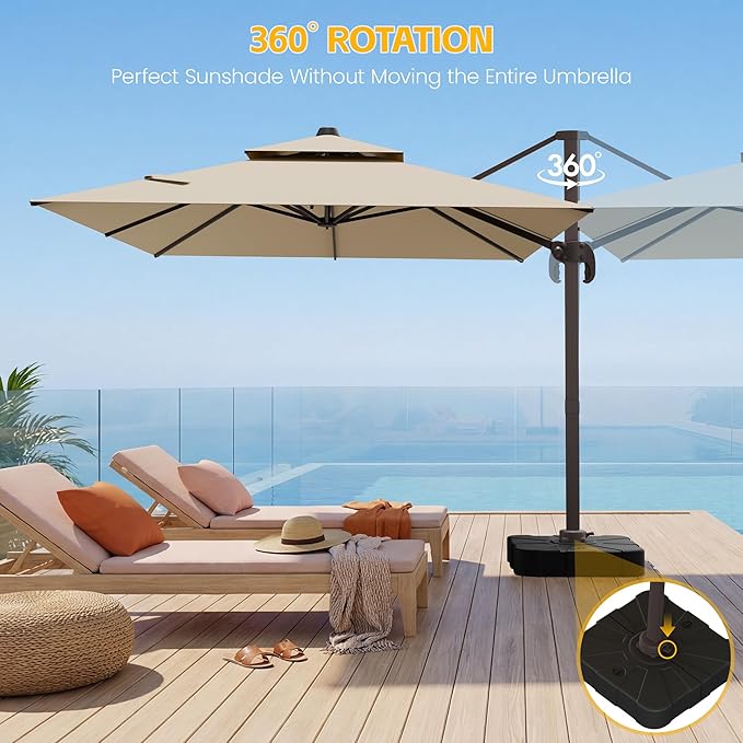 VEGOND 9x12 FT Patio Cantilever Umbrella with Base, Rectangular Heavy Duty Offset Umbrella for 6-8 People, 360°Rotation & Mult Tilt, Double Top Design, for Pool Garden Deck (Beige)