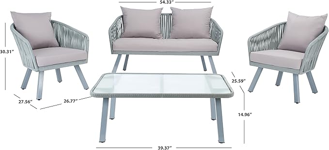 Safavieh Outdoor Collection Jorda Wicker Cushion 4-Piece Rope Patio Backyard Living Set PAT7518C, Grey/Grey