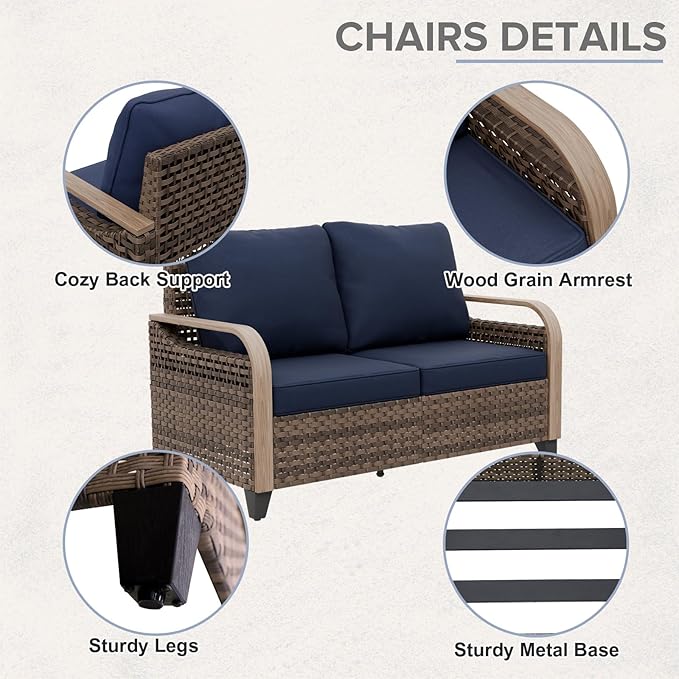 COOS BAY Modern Wicker Outdoor Furniture Set, 3 Piece Patio Conversation Set with a Loveseat and 2 Ottomans, 3 Piece, Brown/Blue