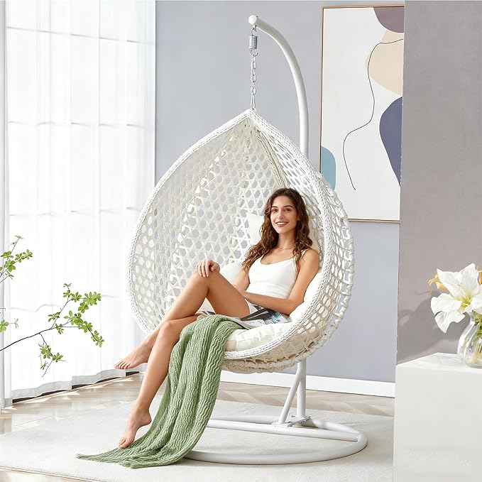 Egg Chair Indoor, Hanging Egg Chair with Stand, Rattan Wicker Swing Chair with Cushions, Swinging Chair for Bedroom Outdoor Patio Balcony Backyard Heavy Duty 350LBS,White