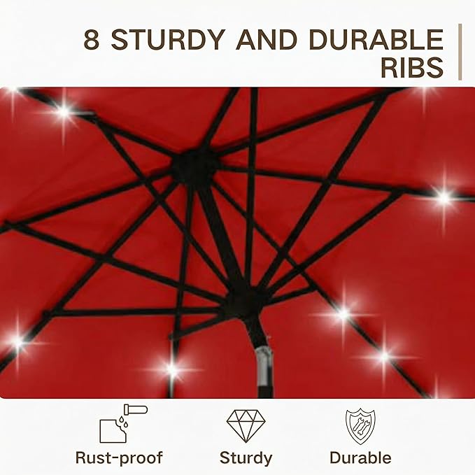 Kingdura 10FT Outdoor Patio Umbrella with Solar Lights, Market Table Umbrella with Push Button Tilt & Crank, 8 Sturdy Ribs, 32 LED Lights, UV Protection for Garden Lawn Deck Backyard Pool (Red)