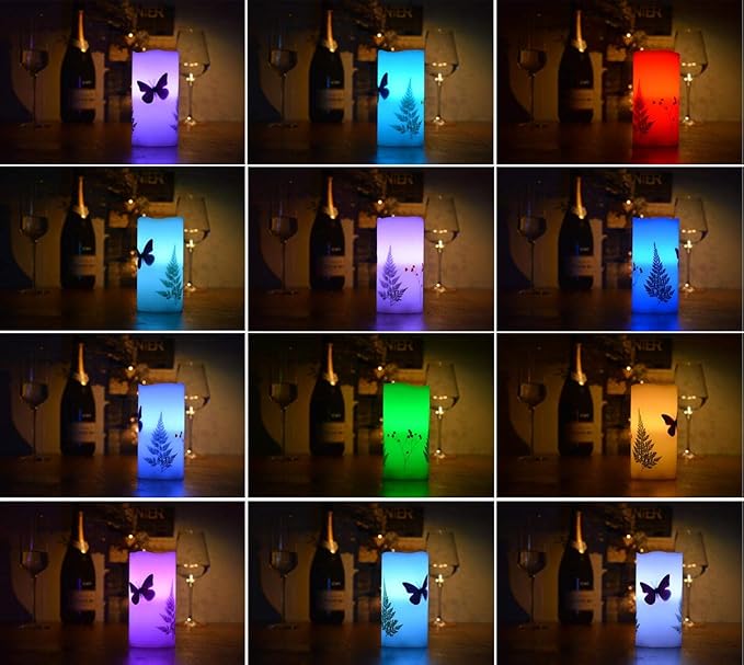 LED Candles Flameless Battery Operated with Remote Timer 6'' Tealight Butterfly & Plants Decor Real Wax Electric Candle Lights 12 Color Changing for Home&Kitchen Indoor/Outdoor Party