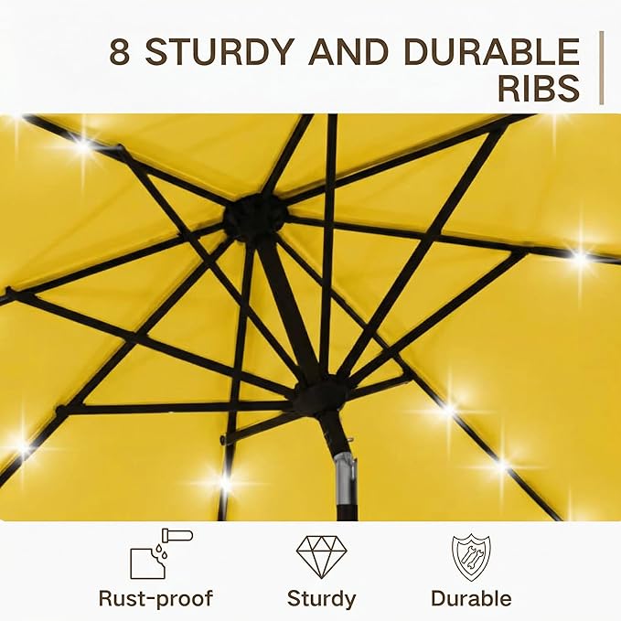 Kingdura 10FT Outdoor Patio Umbrella with Solar Lights, Market Table Umbrella with Push Button Tilt & Crank, 8 Sturdy Ribs, 32 LED Lights, UV Protection for Garden Lawn Deck Backyard Pool (Yellow)